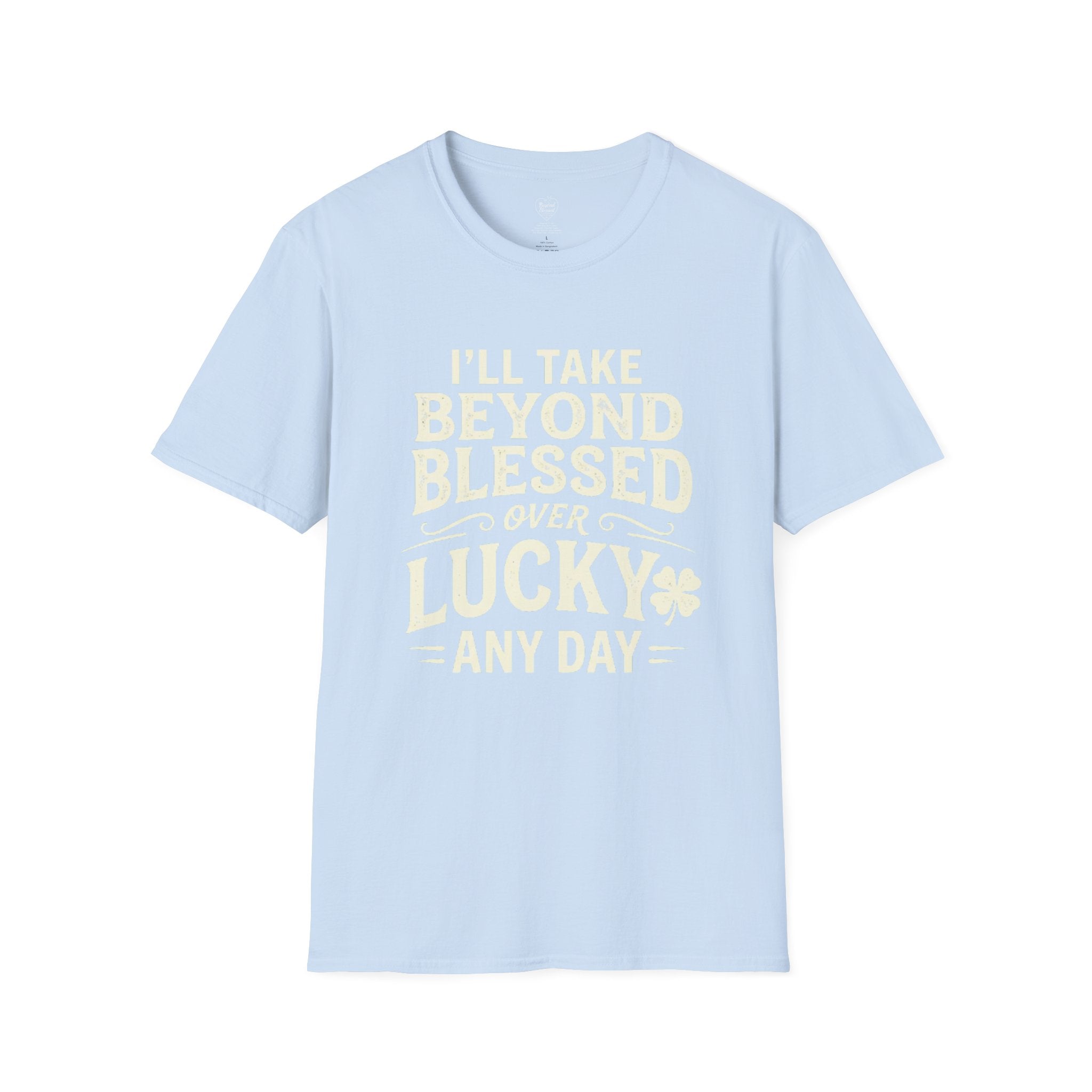 Light blue t-shirt with yellow text on a white background