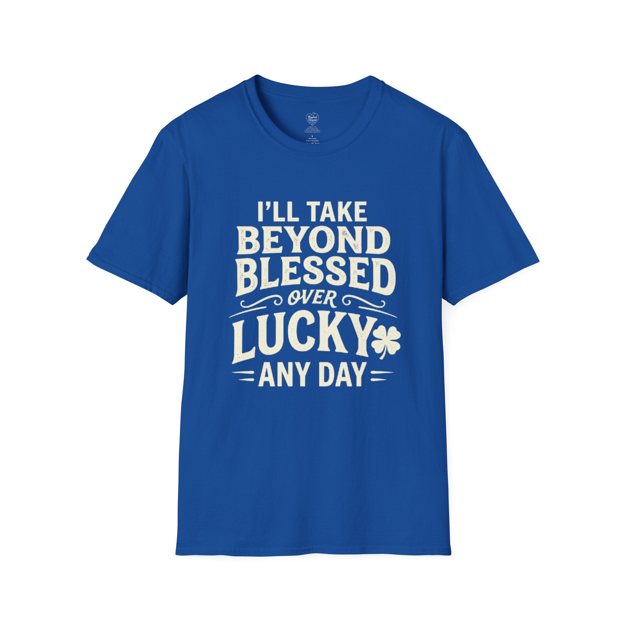 Blue t-shirt with white text on a white background