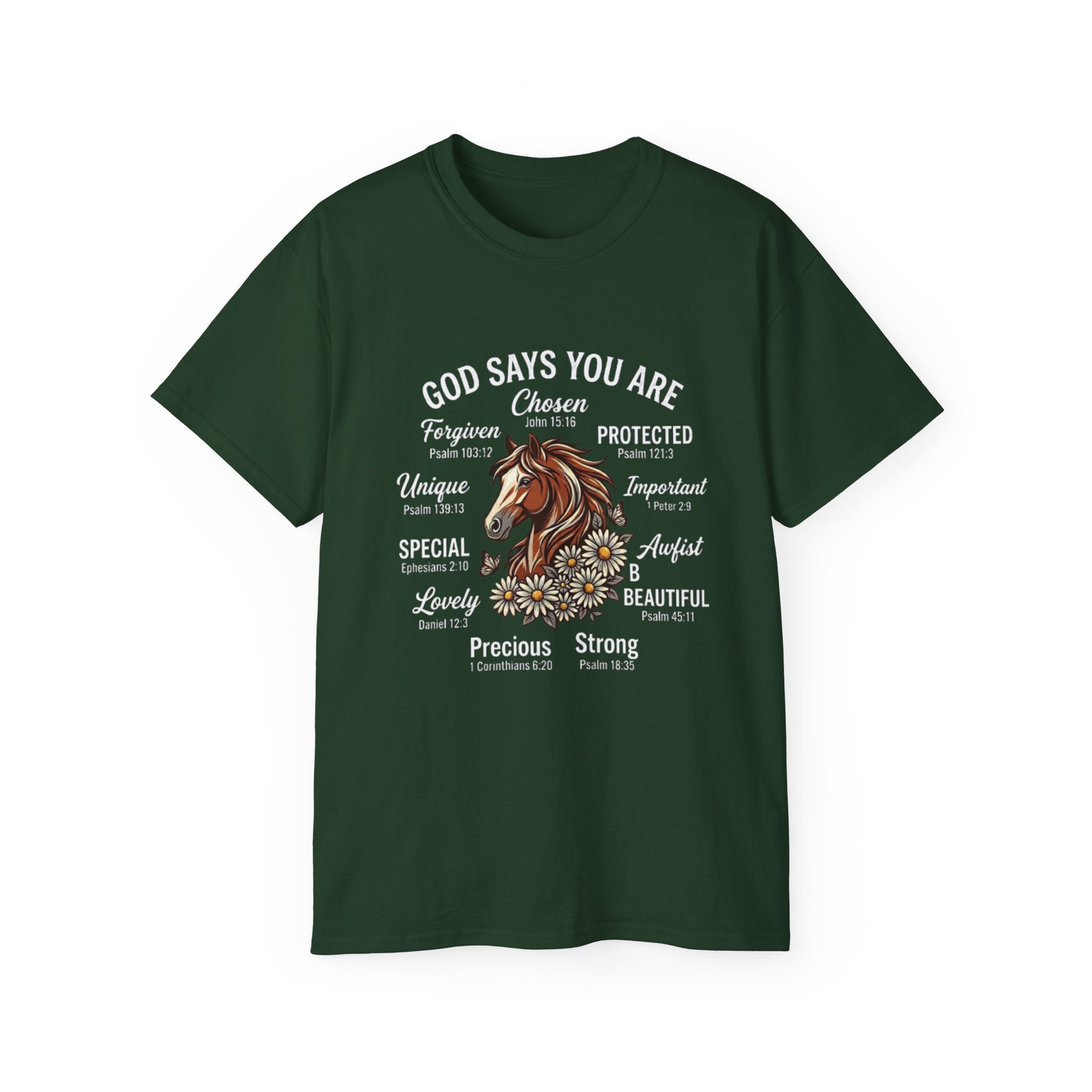 God Says You Are Christian T-Shirt | Faith Typography Tee Forest Green