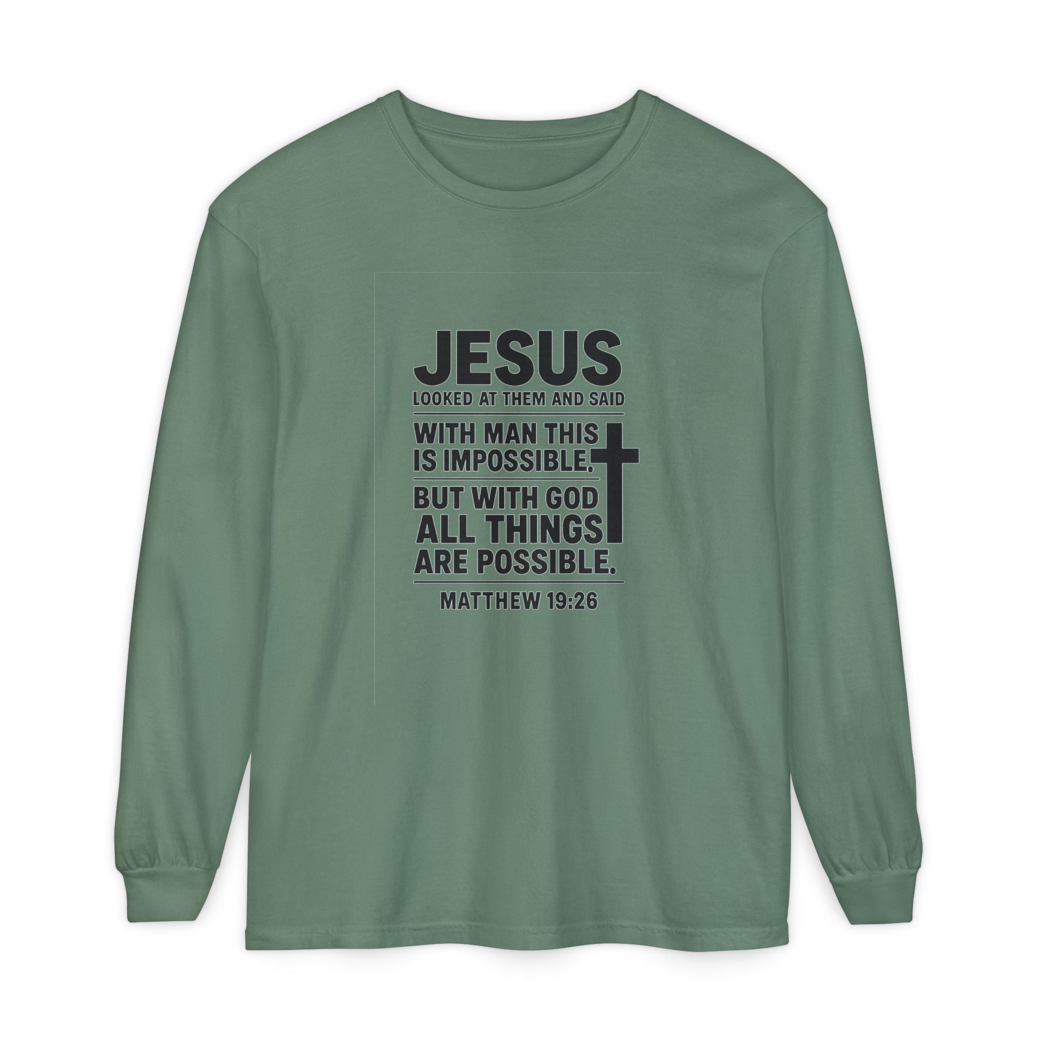 Christian Long Sleeve T-Shirt — "With God All Things Are Possible" (Matthew 19:26) Light Green