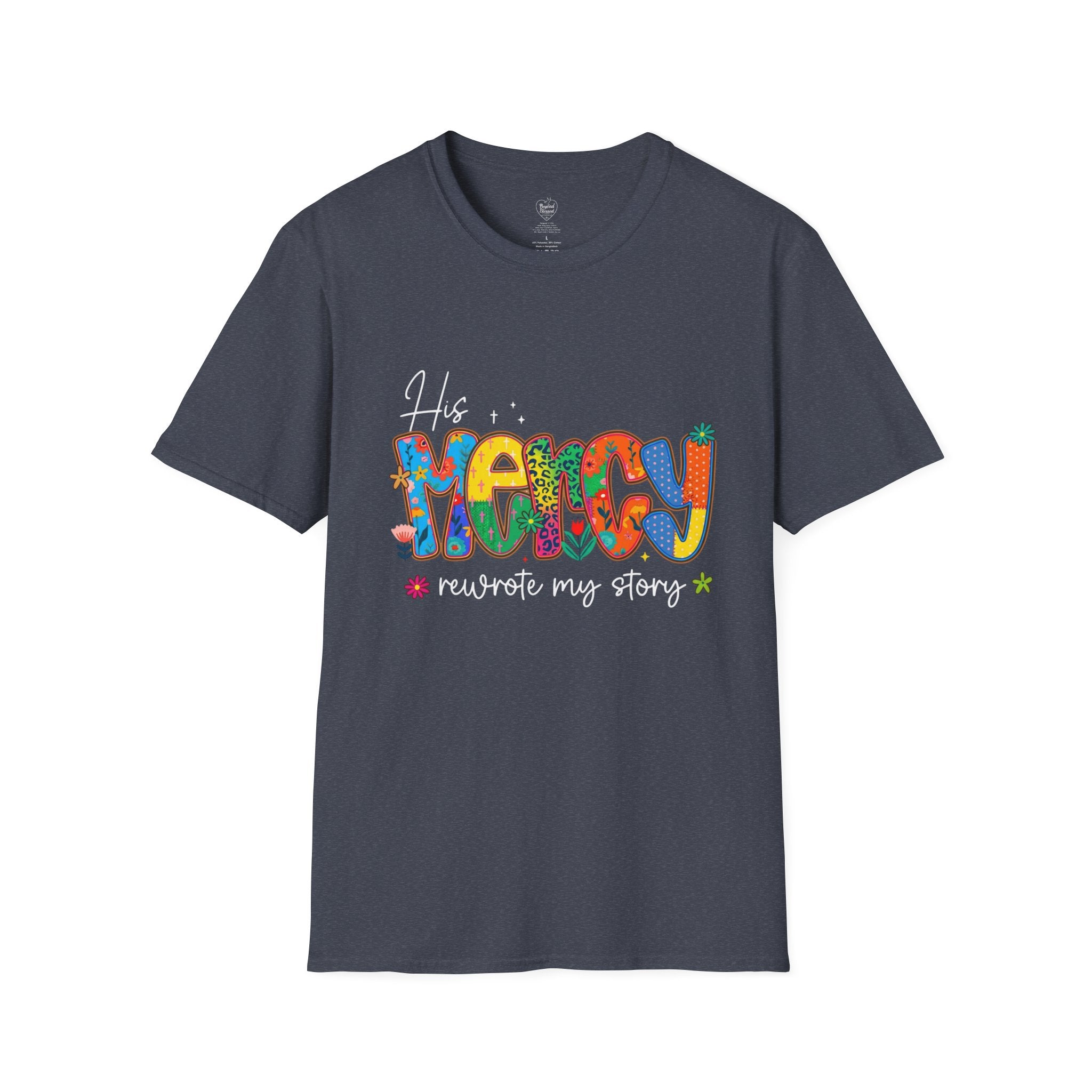 His Mercy Rewrote My Story T-Shirt — Christian Faith Tee Heather Navy