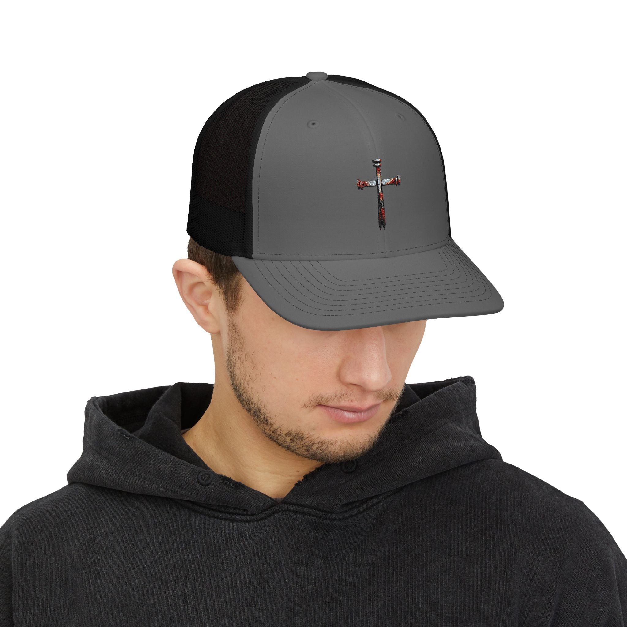 Nail Cross Embroidered Trucker Hat — Christian Snapback Cap