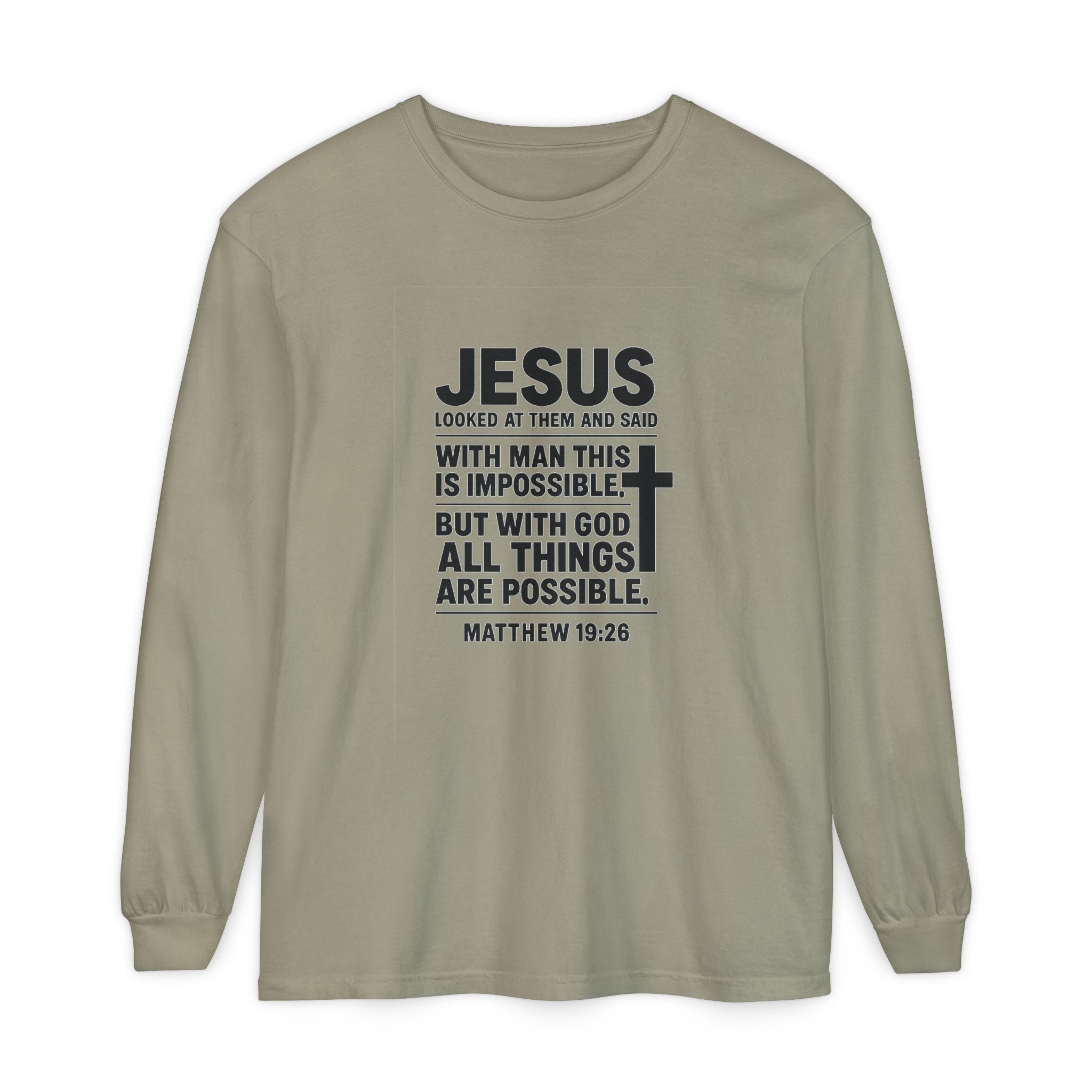 Christian Long Sleeve T-Shirt — "With God All Things Are Possible" (Matthew 19:26) Sandstone