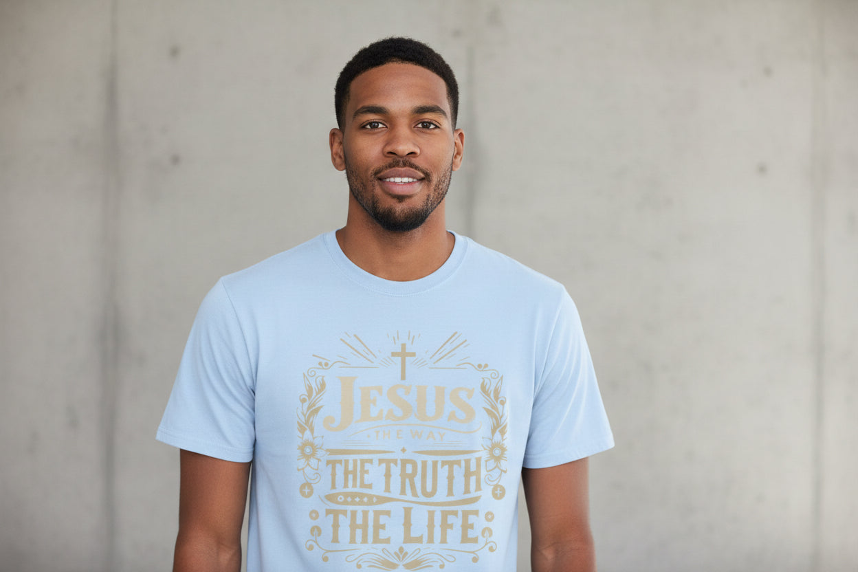 Christian T-Shirt — "Jesus the Way the Truth the Life" Faith Tee Light Blue