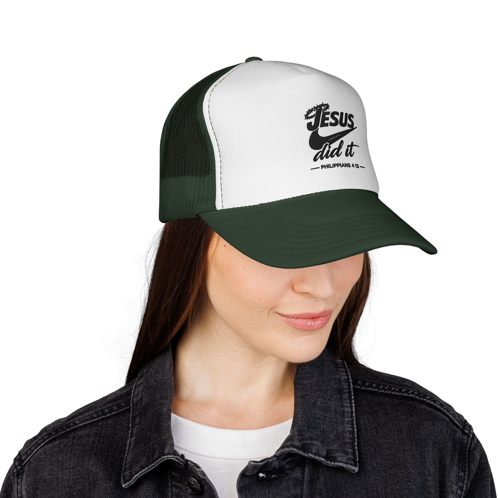 Jesus Did It Embroidered Trucker Cap — Christian Snapback Hat