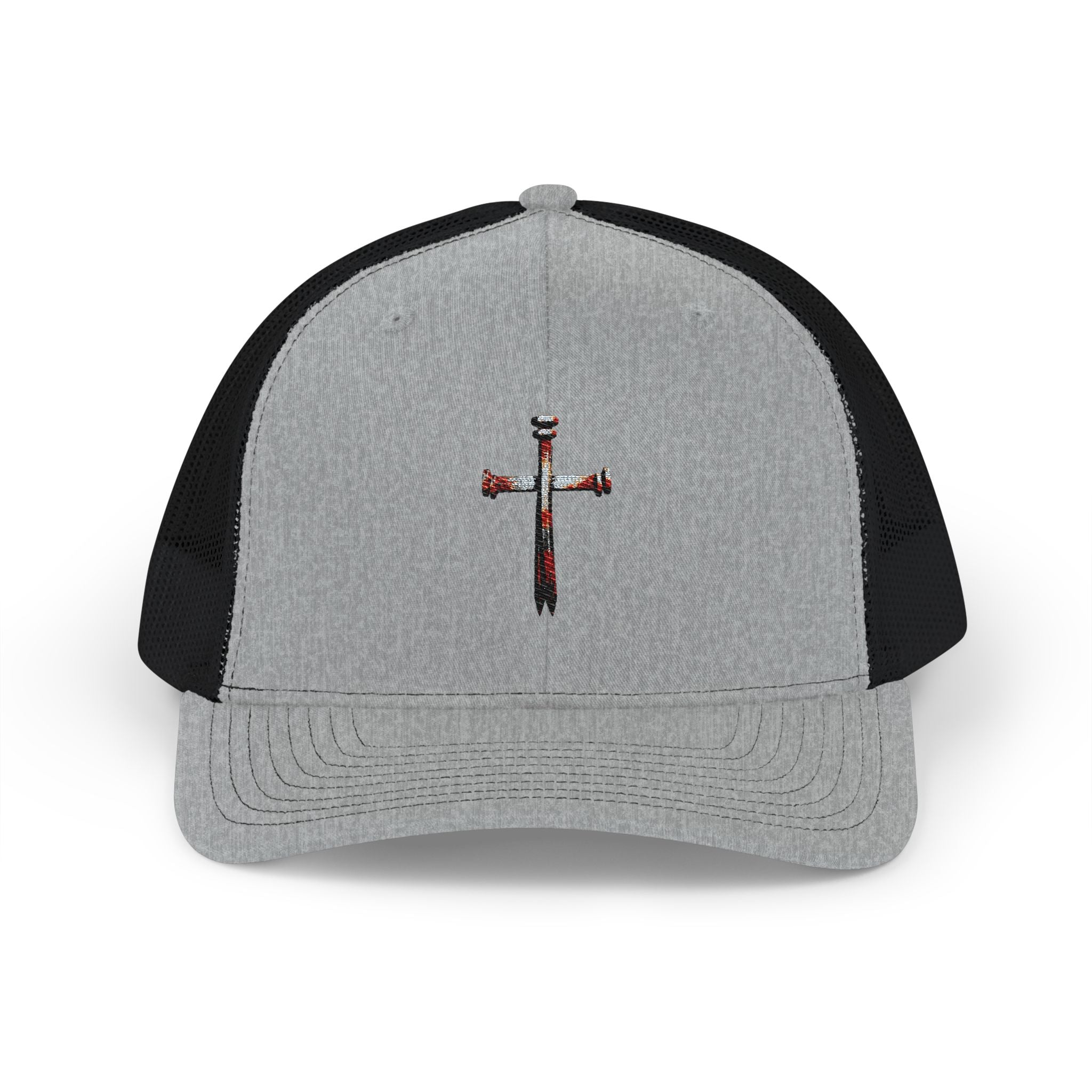 Nail Cross Embroidered Trucker Hat — Christian Snapback Cap One size Heather Grey Black