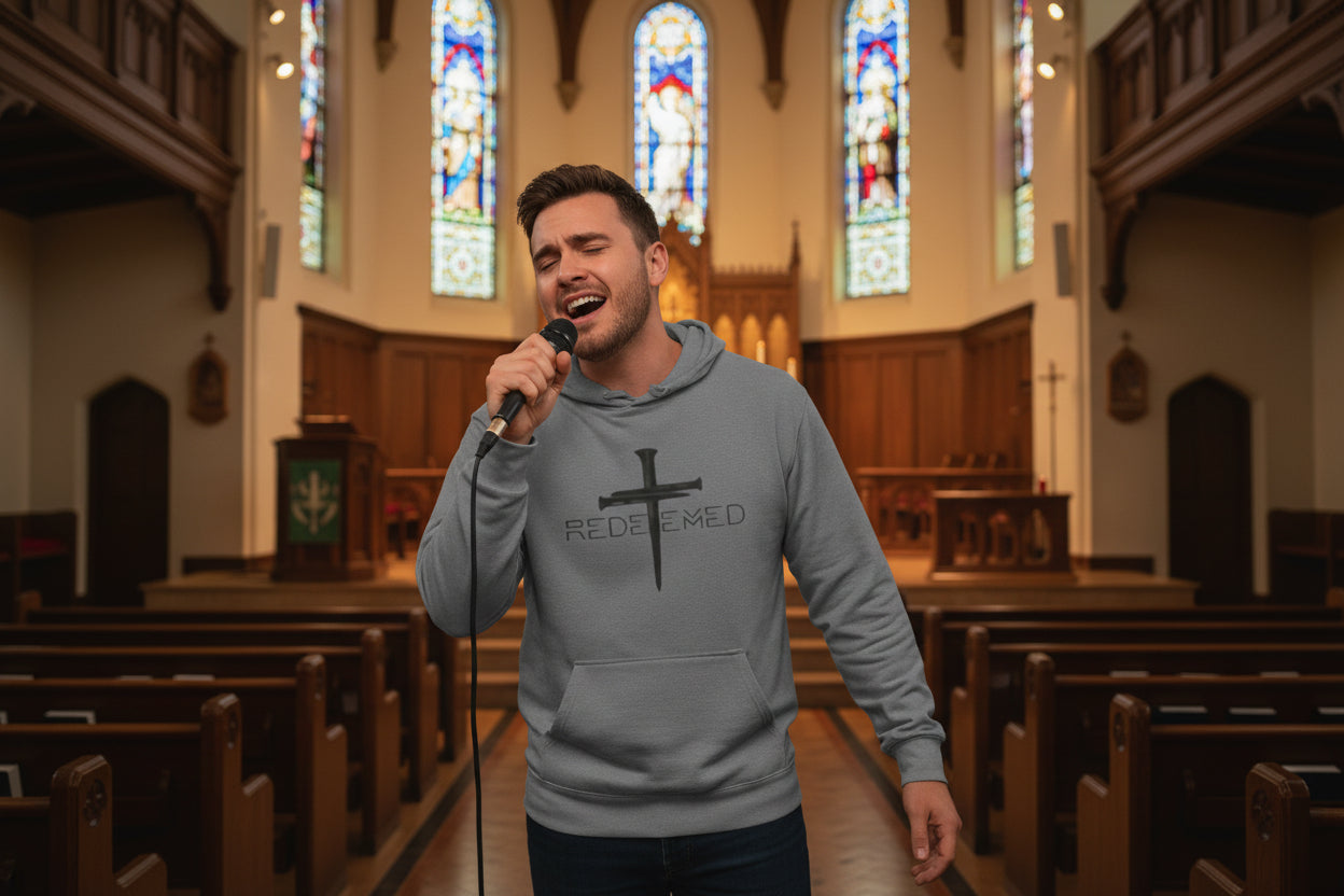 Redeemed Cross Christian Hoodie — Jesus Faith Hooded Long Sleeve Tee Grey TriBlend