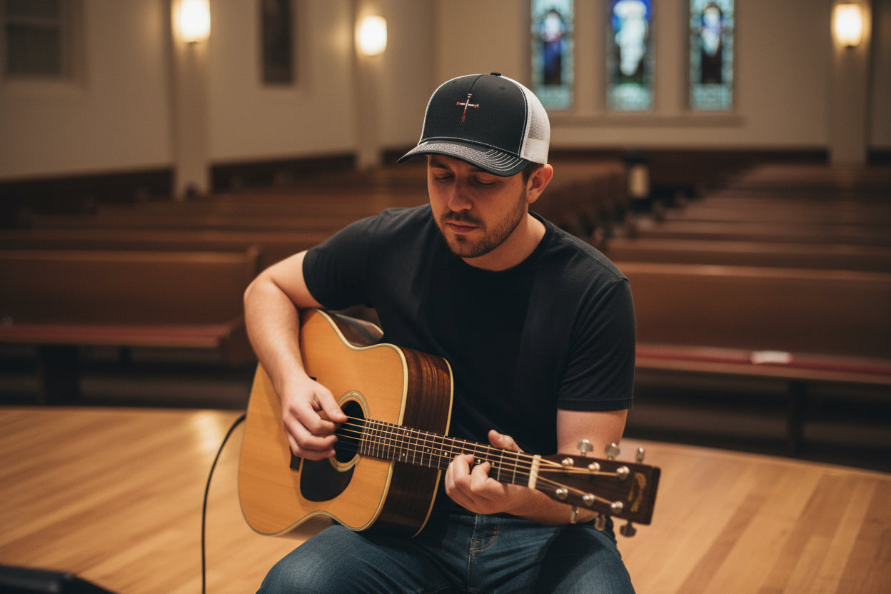 Nail Cross Embroidered Trucker Hat — Christian Snapback Cap One size Black White