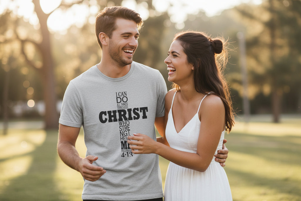 Cross Christian T‑Shirt – I Can Do All Things Through Christ Tee Sport Grey